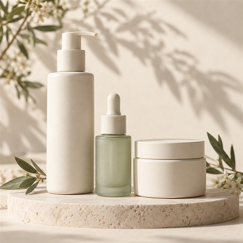 Frascos de cosmética en tonos crema y verde salvia sobre una base de piedra
